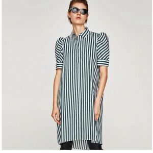 Zara Green and White Striped Shirt Tunic Style Dress xs‎